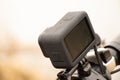 Ukraine Dnipro 20.04.201 - GoPro HERO 9 Black on a bicycle in the forest in spring, shooting on an action camera from a Royalty Free Stock Photo