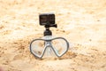 Ukraine Dnipro 05.08.2021 - GoPro HERO 9 camera and mask for diving on the beach, action camera