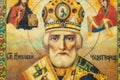 Ukraine Dnipro 22.08.2021 icon of St. Nicholas, close up of a prayer book, Christian icon, church religion