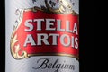 Ukraine. Dnipro. 20 march 2023: Can of Stella Artois beer on beer barrel with dark background