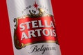 Ukraine. Dnipro. 20 march 2023: Great Belgium beer Stella Artois. Belgium Premium Lager beer can