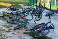 Ukraine. Dnipro. 07 september 2023: Many bicycles lie on the ground near the sports ground