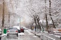 Ukraine Dnipro 06.01.2021 snow fell in a residential area of the city of Dnipro, townspeople on the streets of a residential Royalty Free Stock Photo