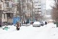 Ukraine Dnipro 01.13.2021 - snow fell in a residential area of the city of Dnipro, townspeople on the streets Royalty Free Stock Photo