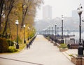 UKRAINE, DONETSK, NOVEMBER, 03, 2015: Autumn quay with beautiful lanterns Royalty Free Stock Photo