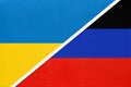Ukraine and Donetsk People`s Republic, symbol of country. Ukrainian vs DNR national flags