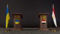 Ukraine and Egypt flags. Ukraine and Egypt flag. Ukraine and Egypt negotiations. Rostrum for speech. 3D work and 3D image Royalty Free Stock Photo