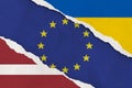 Ukraine, European Union, Latvia flag ripped paper grunge background Royalty Free Stock Photo