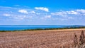 Ukraine.Fields on the shore of the reservoir.The harvest in the fields has been collected.Blue sky with white clouds. Royalty Free Stock Photo