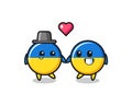 Ukraine flag badge cartoon character couple with fall in love gesture