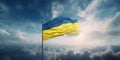 Ukraine flag banner high in the sky background