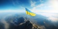 Ukraine flag banner high in the sky background