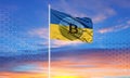 Ukraine flag with bitcoin symbol inside it.
