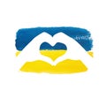 Ukraine flag colors. Hands making heart shape. Blue and yellow hand-drawn brush strokes on white background. Love, support, peace