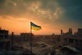 Ukraine flag flies atop a ruined building in a city, a symbol of hope and perseverance amidst destruction and chaos Royalty Free Stock Photo