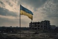 Ukraine flag flies atop a ruined building in a city, a symbol of hope and perseverance amidst destruction and chaos Royalty Free Stock Photo