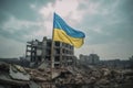 Ukraine flag flies atop a ruined building in a city, a symbol of hope and perseverance amidst destruction and chaos Royalty Free Stock Photo