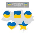 Ukraine flag icons set in shape of square, heart, circle, stars, pointer, map marker. Map of ukraine. Vector ukrainian flag