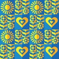 Ukraine geometric seamless pattern design. Decorative background in the colors of the Ukrainian flag. Collage mosaic poster.