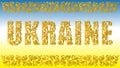 Ukraine. Golden decorative font made in swirls and floral elements. Blue and yellow background. Border from an oak ornament