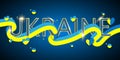 Ukraine golden lettering with hearts. Ukraine flag praying concept background. Pray for Ukraine. Abstract yellow and blue lines