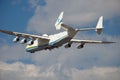 Ukraine, Gostomel - April 11, 2020: Aircraft AN-225 Mriya takes off. Plane UR-82060. Antonov Design Bureau airline. The largest