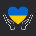 Heart in the colors of the flag of Ukraine in the hands of people. The Peace to Ukraine poster