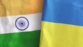 Ukraine and India two flags textile cloth 3D rendering