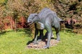 Ukraine, Khmelnitsky, October 2021. Dinosaur model in the park. Giant edmontosaurus at an exhibition in the park on a summer sunny