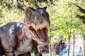 Ukraine, Khmelnitsky, October 2021. Dinosaur model in the park. Giant tyrannosaurus at an exhibition in the park on a summer sunny