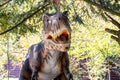 Ukraine, Khmelnitsky, October 2021. Dinosaur model in the park. Giant tyrannosaurus at an exhibition in the park on a summer sunny