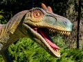 Ukraine, Khmelnitsky, October 2021. Model of a dinosaur, the head of a megaraptor close up in the park in sunny weather