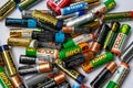 Ukraine. Khmelnitsky. September 14, 2018. Closeup of pile of used alkaline batteries