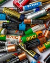 Ukraine. Khmelnitsky. September 14, 2018. Closeup of pile of used alkaline batteries