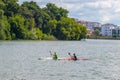 Ukraine, Khmelnytsky. July 2020. Training of children in a canoe