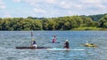 Ukraine, Khmelnytsky. July 2020. Training of children in a canoe