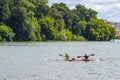 Ukraine, Khmelnytsky. July 2020. Training of children in a canoe