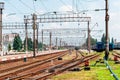 Ukraine, Khmelnytsky, October 2021. Railway station with rails, buildings and trains in the distance Royalty Free Stock Photo