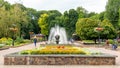 Ukraine, Khmelnytskyi, October 2022. Taras Shevchenko Square in Khmelnytskyi with a fountain in summer