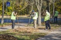 Ukraine,Kiev, Kurchatov street. 10/17/2019. Janitors clean the foliage