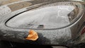 Ukraine, Kiev - March 27, 2020: close-up of one of the LED headlights of a modern Porsche Macan car, a sports black car. Headlight