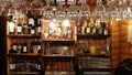 Ukraine, Kiev - March 18, 2020: Interior of a cozy restaurant without people. Modern design, dining room and bar. Clean glasses