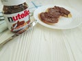 Ukraine Kiev10 March 2018 Nutella hazelnut delicious chocolate on the wooden tasty popular creamy lunch