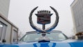 Ukraine, Kiev - March 27, 2020: vintage retro classic car Cadillac beatriz of blue color. emblem on the hood with a logo. original