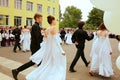 Ukraine Kiev May 2019. Alumni School Waltz. Graduation class. Beautiful children dance in the open school yard, at the last bell