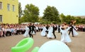 Ukraine Kiev May 2019. Alumni School Waltz. Graduation class. Beautiful children dance in the open school yard, at the last bell