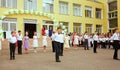 Ukraine Kiev May 2019. Graduates of elementary school. Beautiful children dance in the open school yard, at the last bell festival