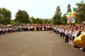 Ukraine Kiev May 2019. Graduation class go to the line in the open school yard, at the last bell festival for parents and teachers