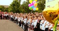 Ukraine Kiev May 2019. Graduation class go to the line in the open school yard, at the last bell festival for parents and teachers