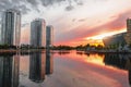 Ukraine, Kiev - May 5, 2023: Sunset on the embankment in Kyiv. Poznyaki Park near the River Mall